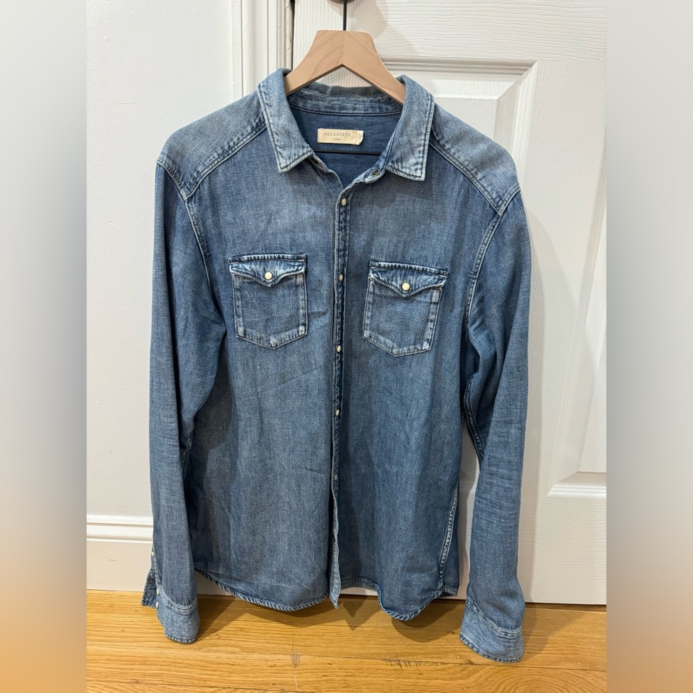 All Saints Blue Denim Casual Button Down Shirt